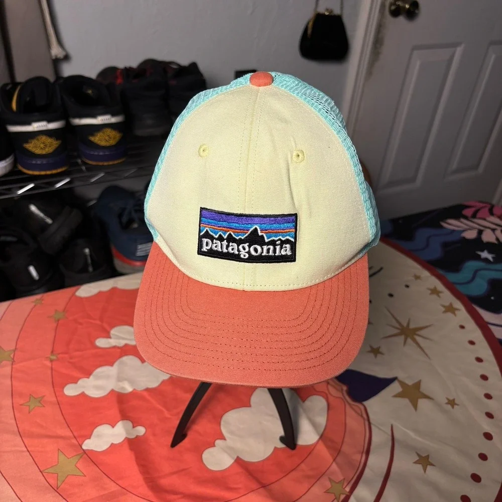 Patagonia P-6 Logo Trucker Hat Cream Orange Mint Green Snapback Mesh Cap